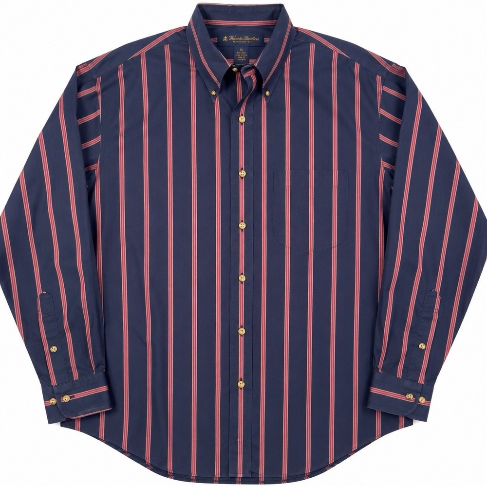 Brooks Brothers XL Non-Iron Button‎ Down Shirt Navy Red Stripe Cotton Mens